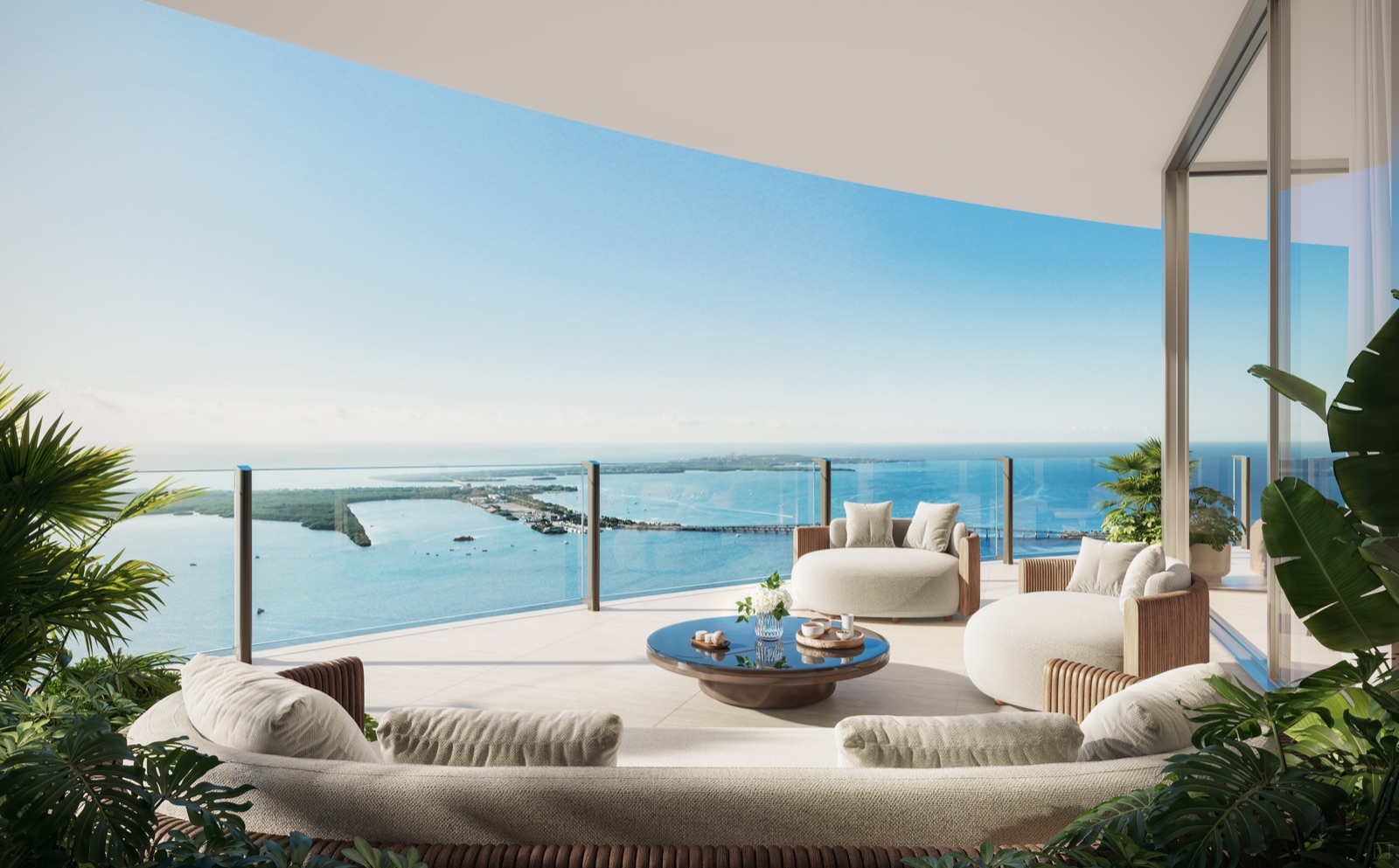 Wraparound terrace overlooking Brickell Bay and the Atlantic.