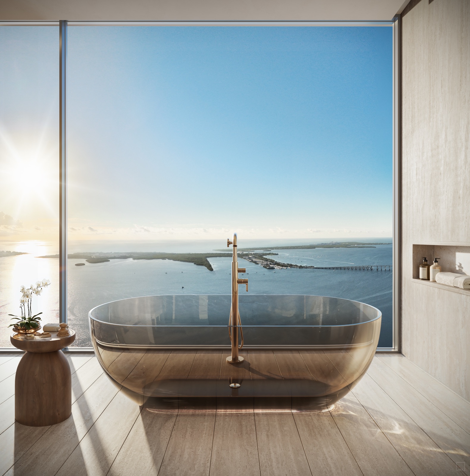 Penthouse primary bath with sculptural bathtub framed by full-height glass.