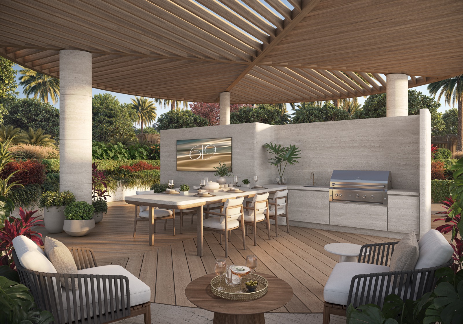 Dining and grilling enclaves with firepit lounge.