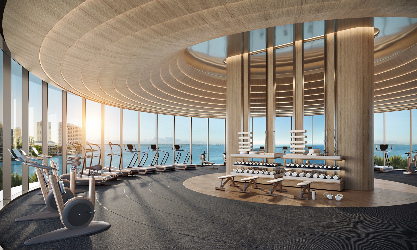 State-of-the-art fitness studio with panoramic views.