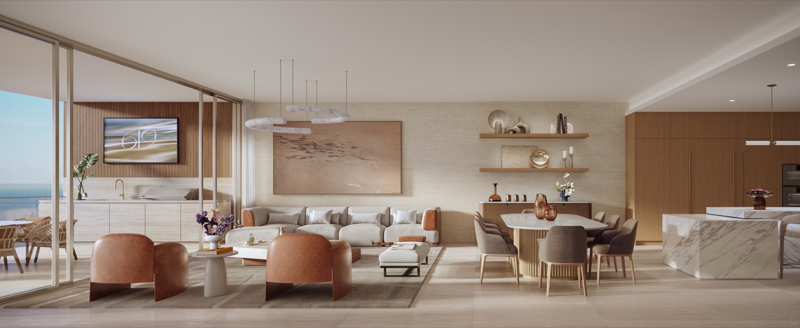 Signature Residence — light-filled living space with floor-to-ceiling glass and wraparound terrace.