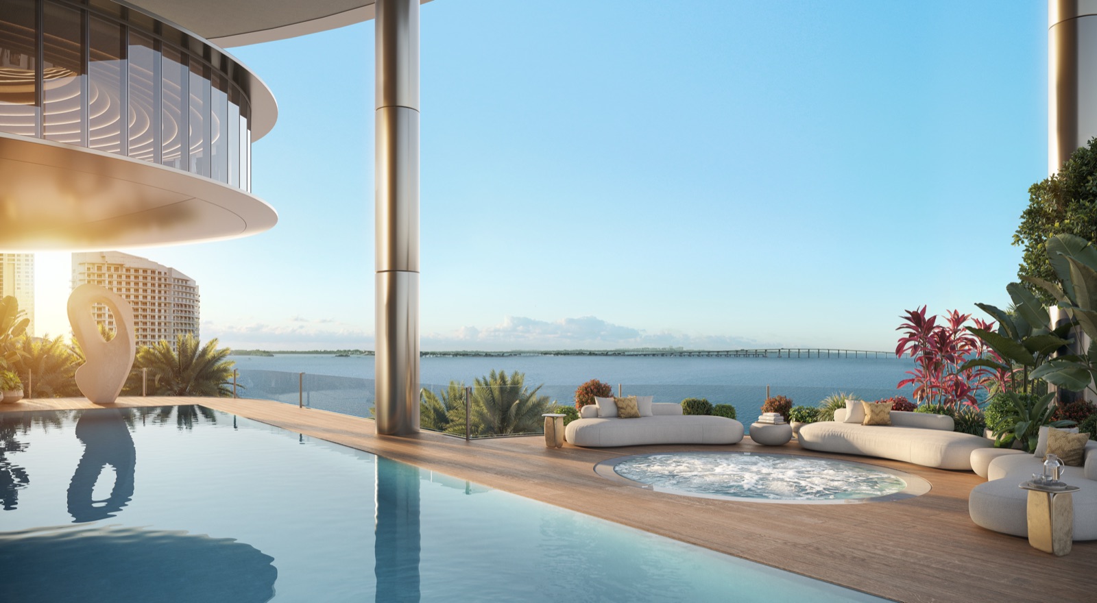86-ft sunset pool with private cabanas and water features.