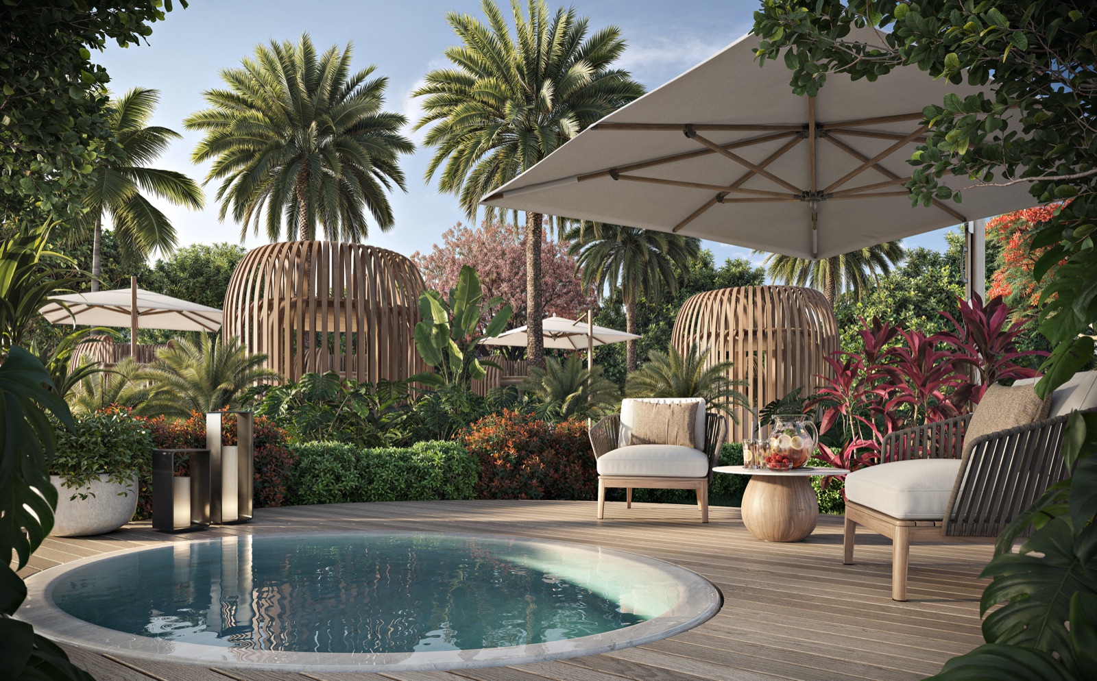 Zen Gardens by Nobu with private dip pools — a contemplative arrival sequence.