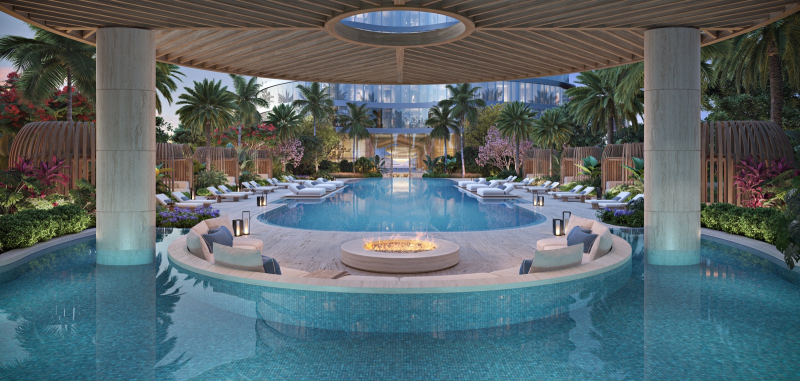 Expansive indoor-outdoor amenity deck with 86-ft swimming pool and Zen gardens.