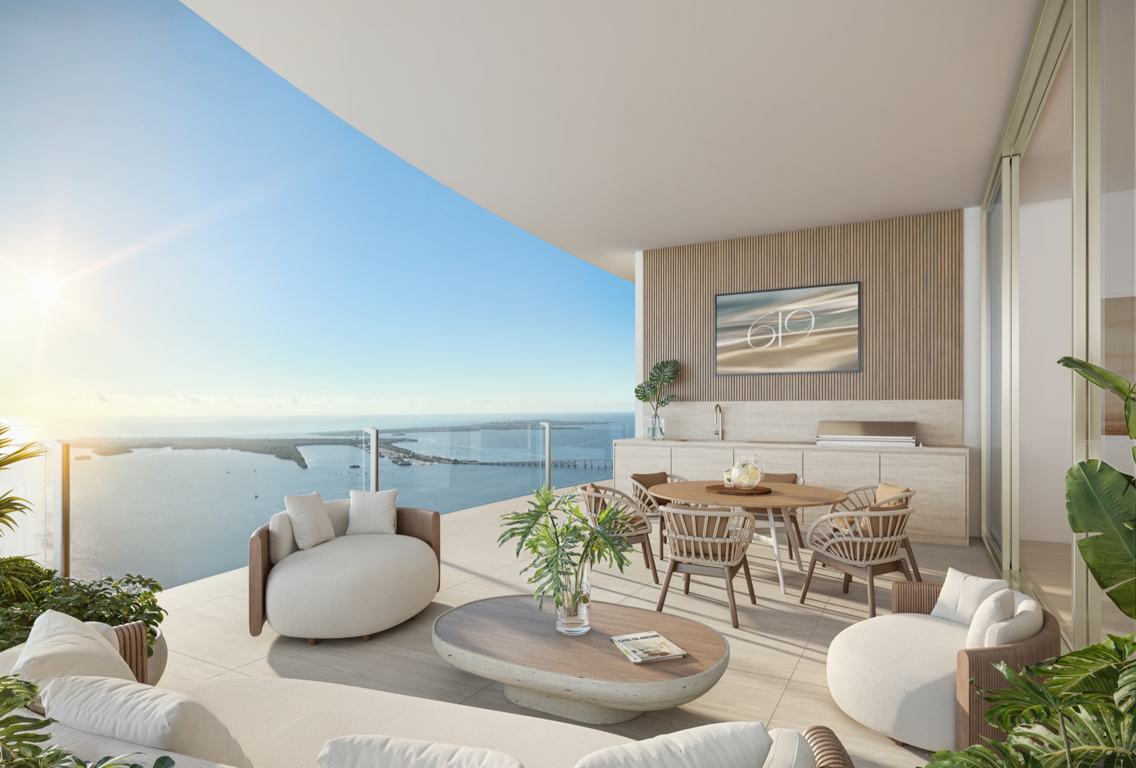 Sky Villa terrace with private outdoor summer kitchen and bay views.