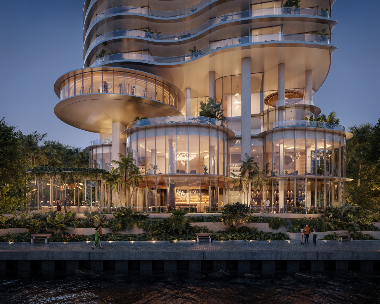 619 Brickell by Nobu — luminous tower viewed from the bayfront boardwalk.